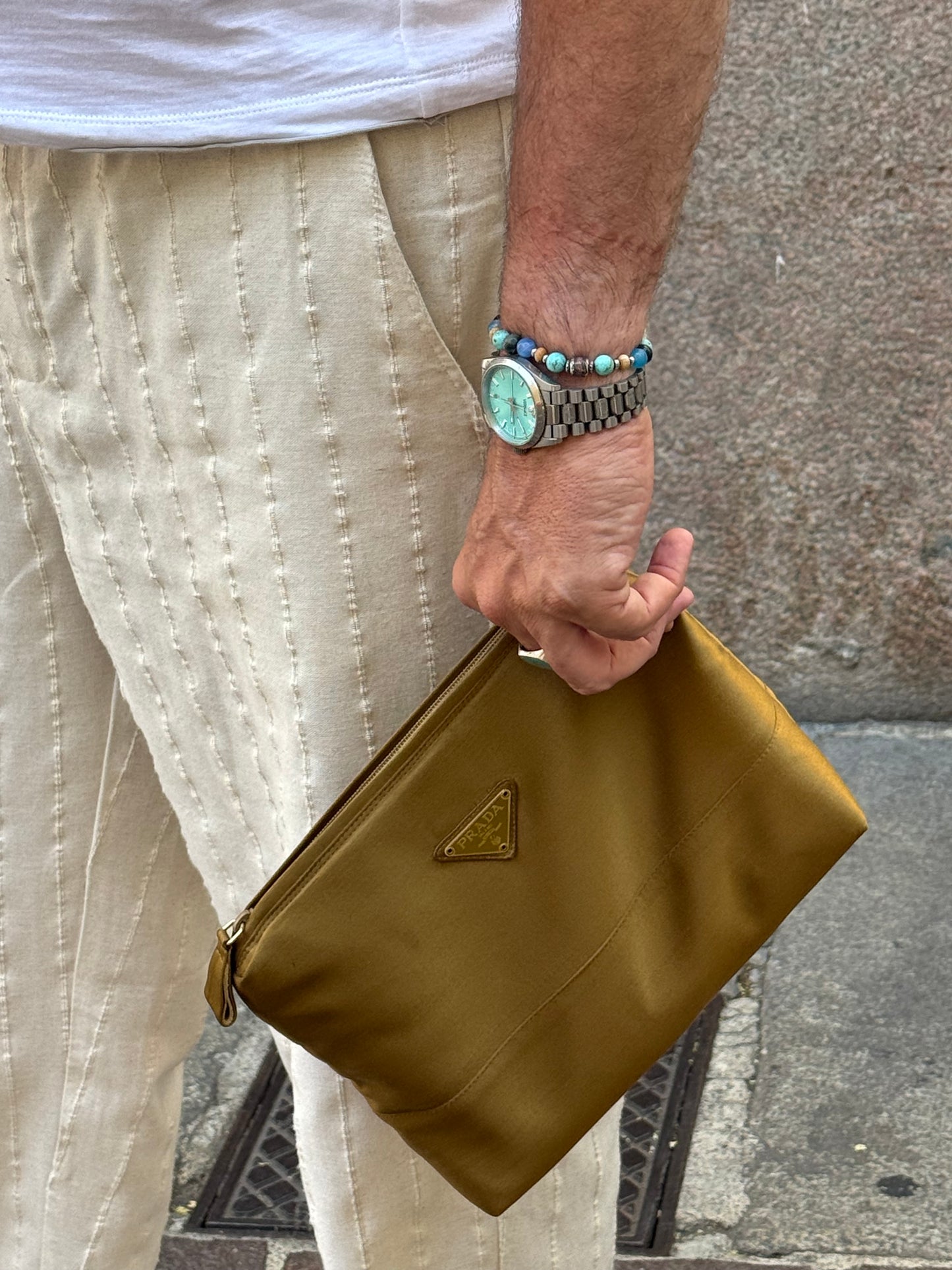 Prada tessuto pochette khaki gold
