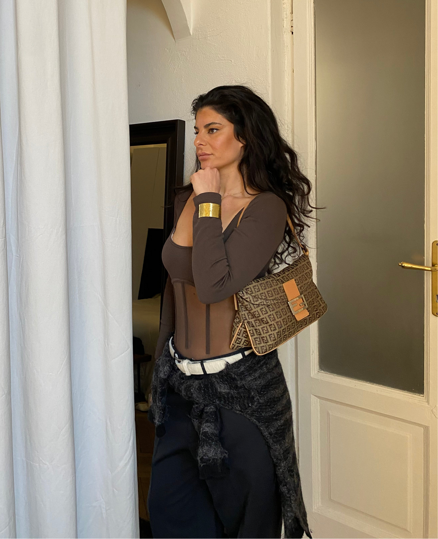 Fendi maxi baguette double flap bellows courgette beige