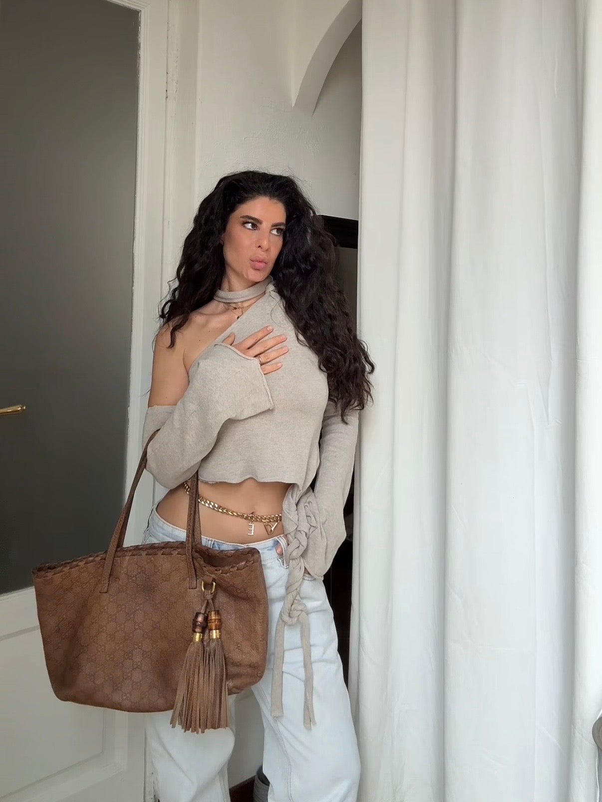 Gucci tassel tote bamboo brown