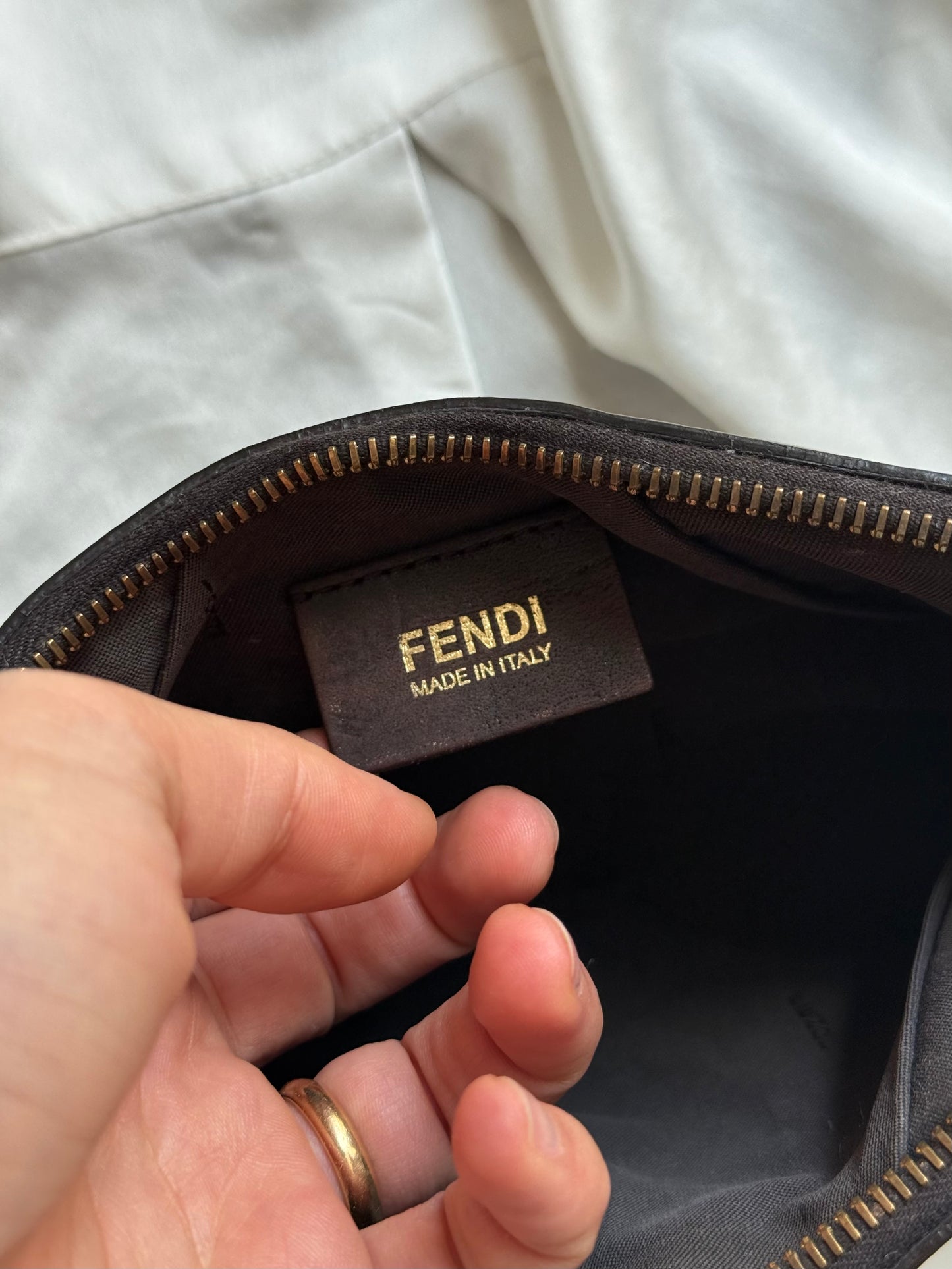 Fendi pochette charms gold monogram zucchino chocolate brown