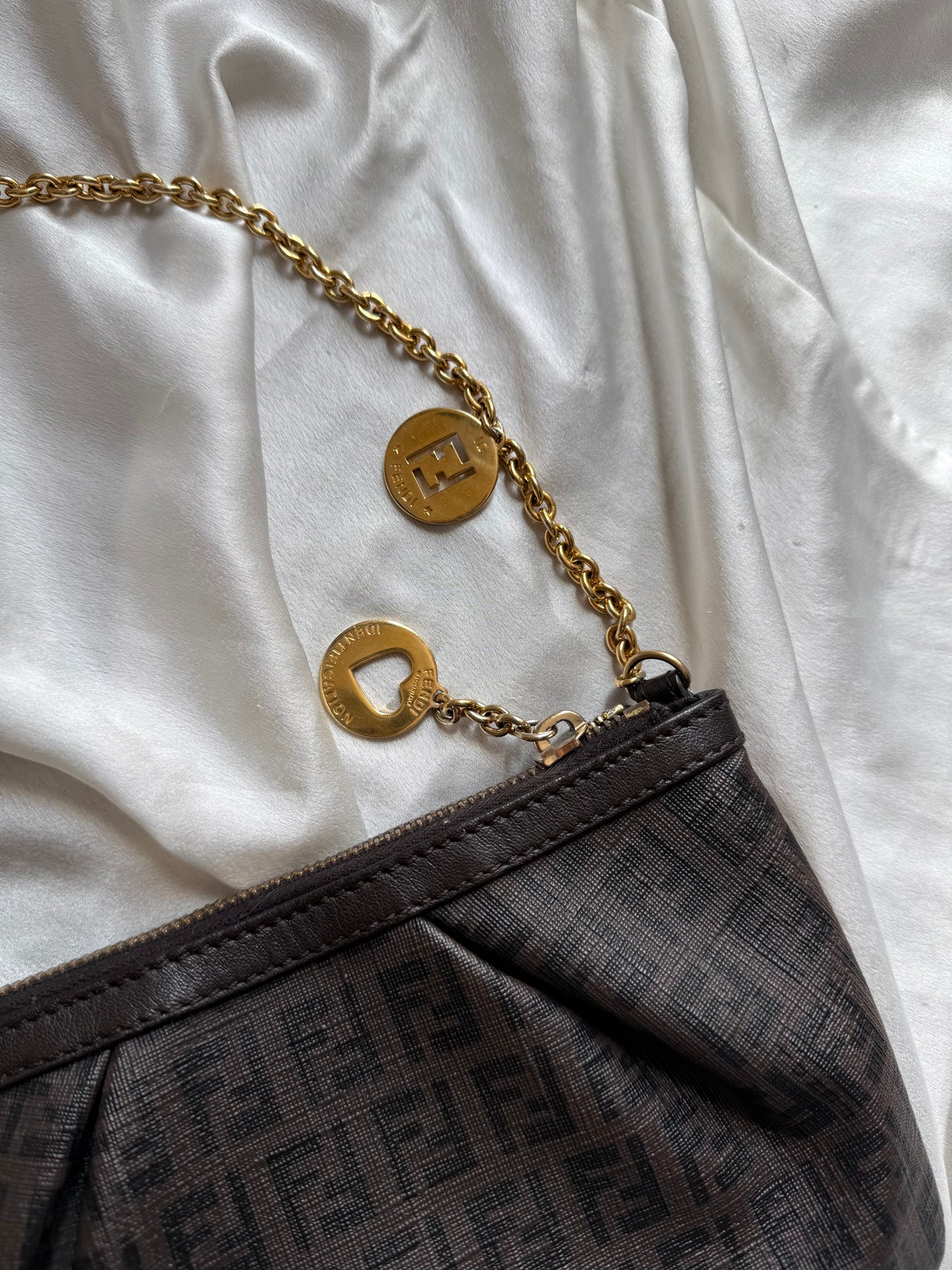 Fendi pochette charms gold monogram zucchino chocolate brown