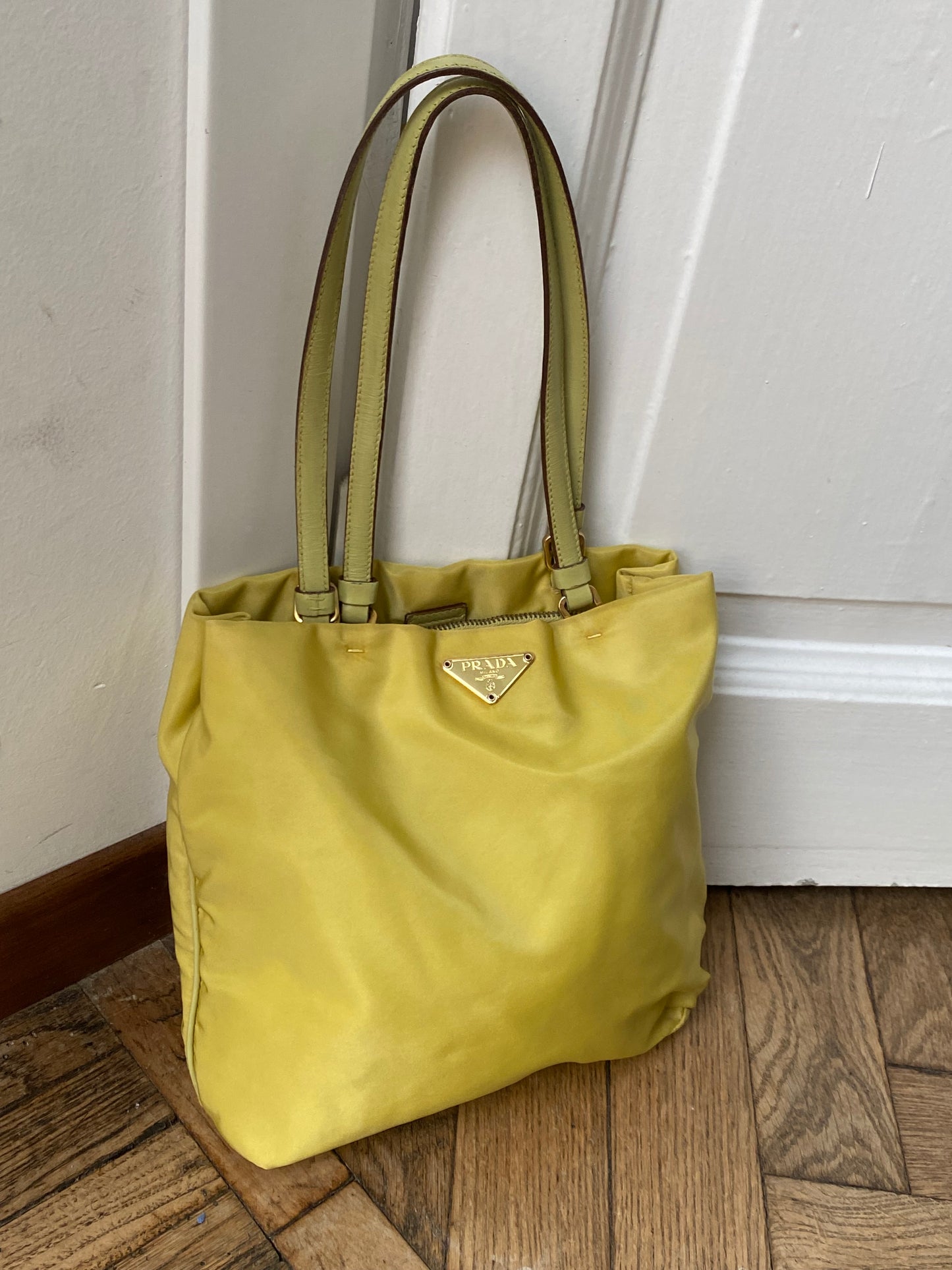 Prada lime yellow nylon tote