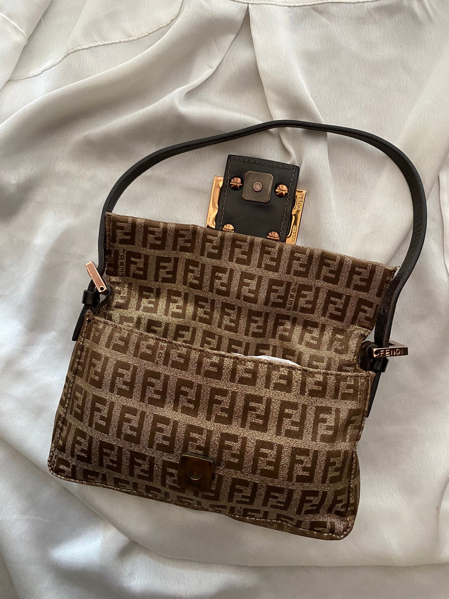 Fendi mini baguette shiny gold monogram zucchini