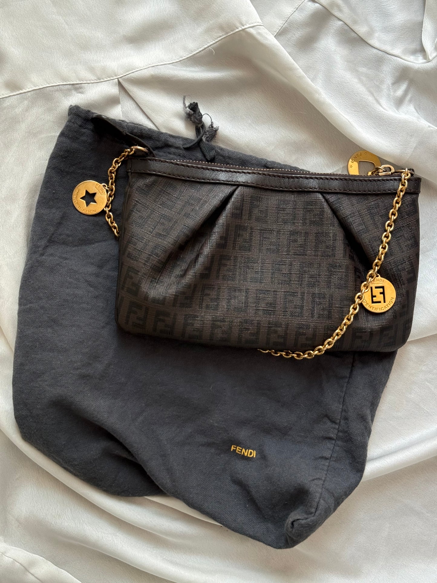 Fendi pochette charms gold monogram zucchino chocolate brown