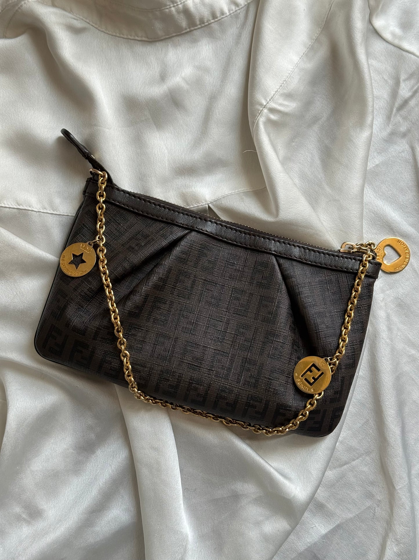 Fendi pochette charms gold monogram zucchino chocolate brown