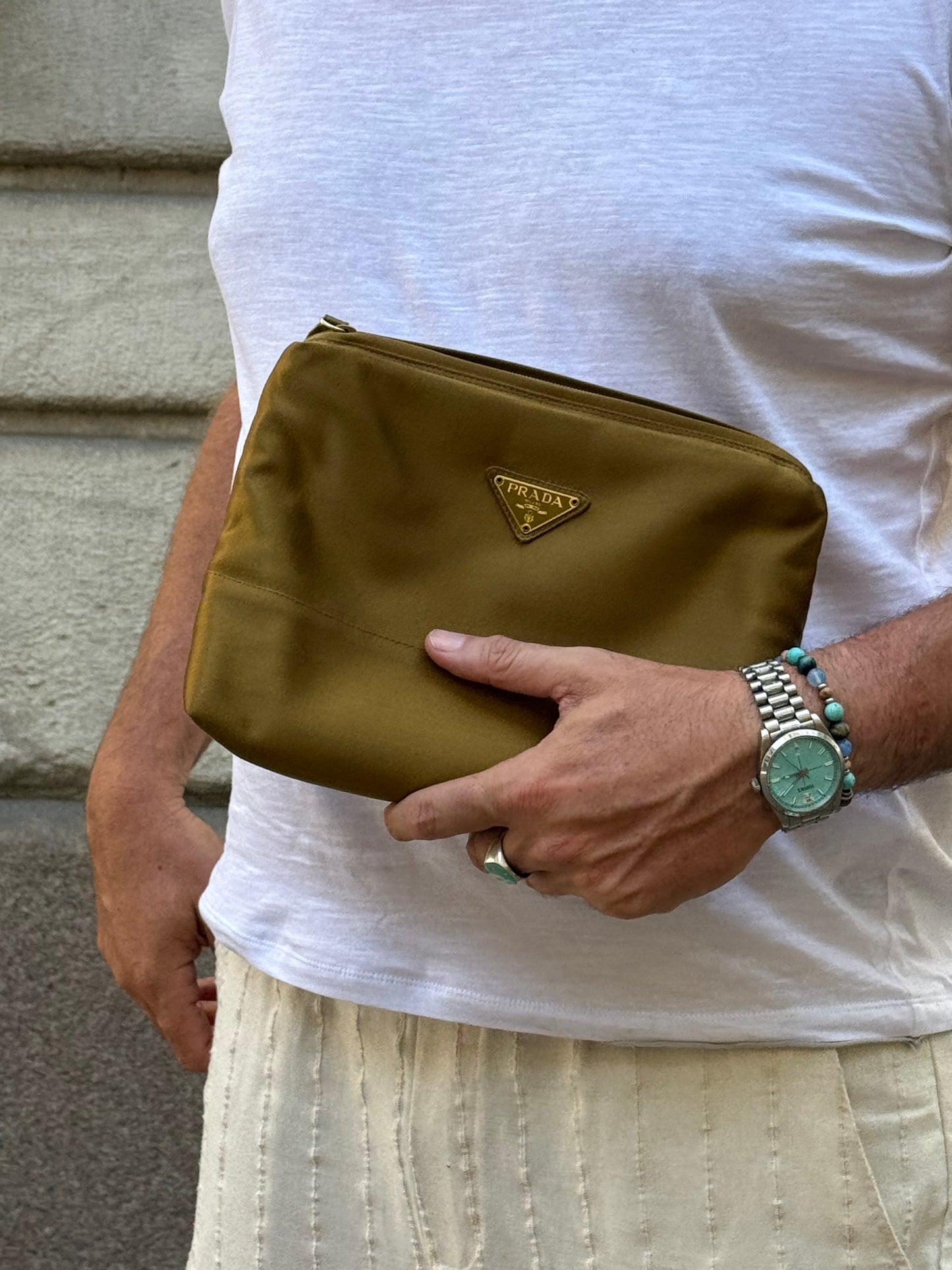 Prada tessuto pochette khaki gold