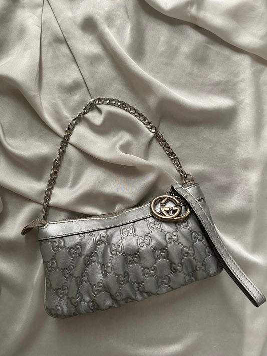 Gucci Monogram Clutch Bag in Silver Leather