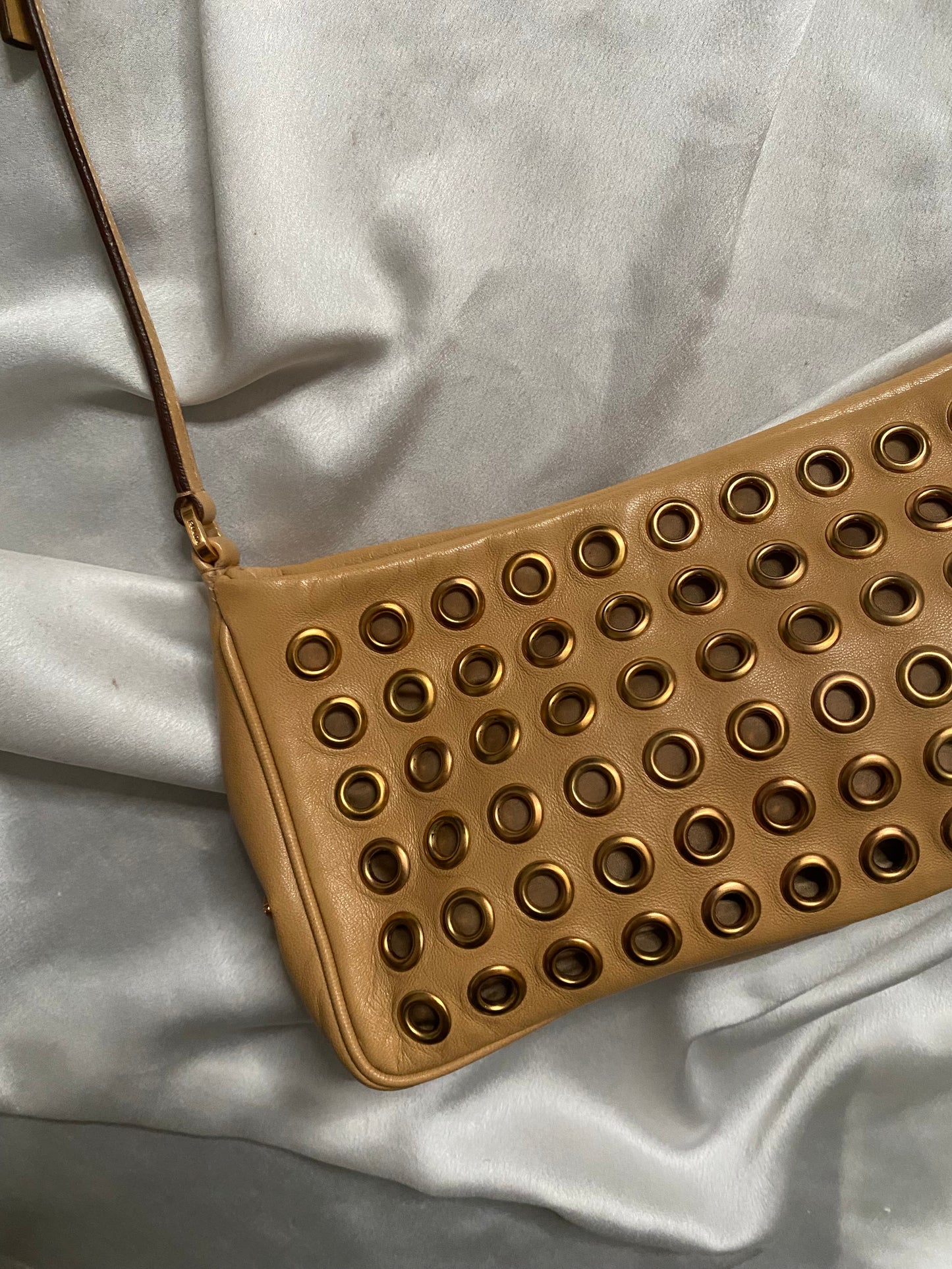 Prada camel clutch bag with studs