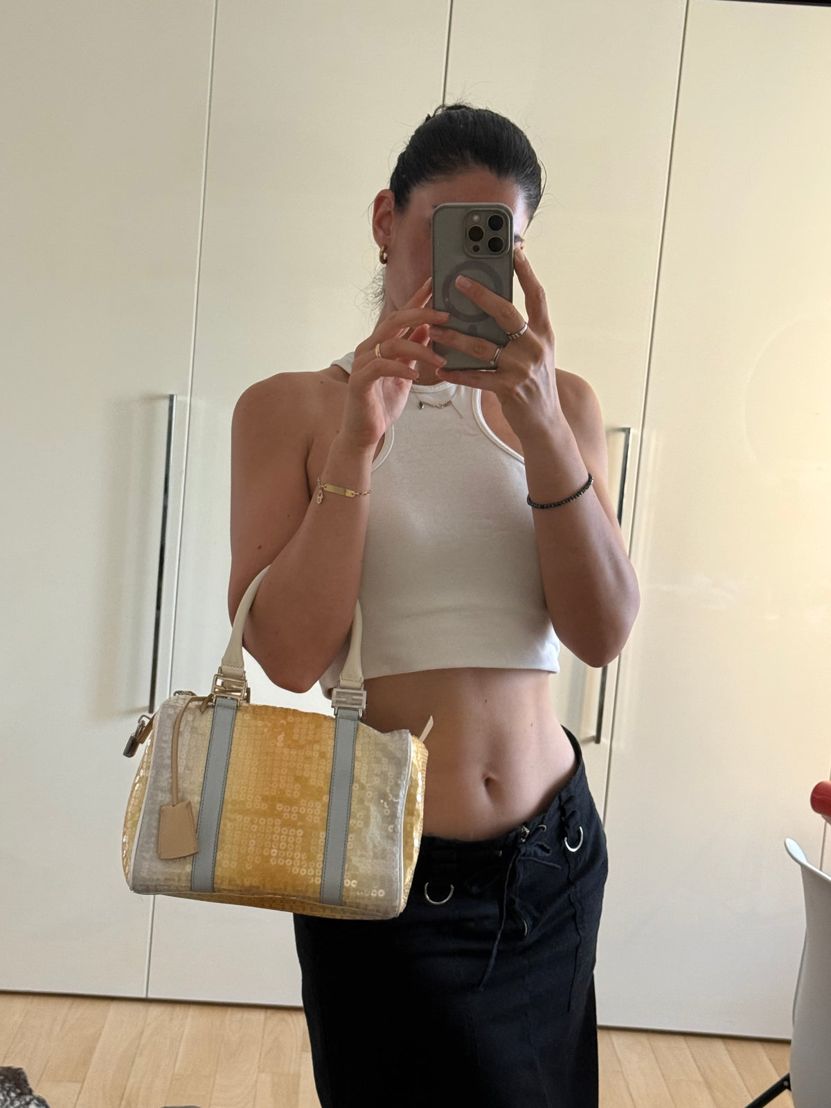 Bauletto Fendi small monogram zucchino paillette giallo