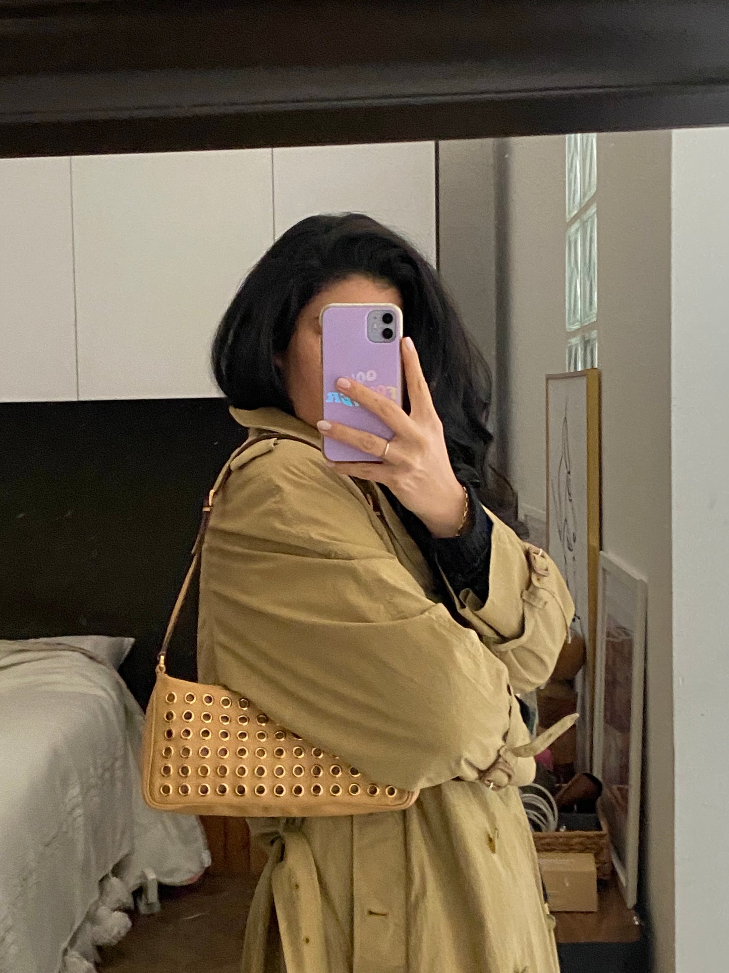 Prada camel clutch bag with studs