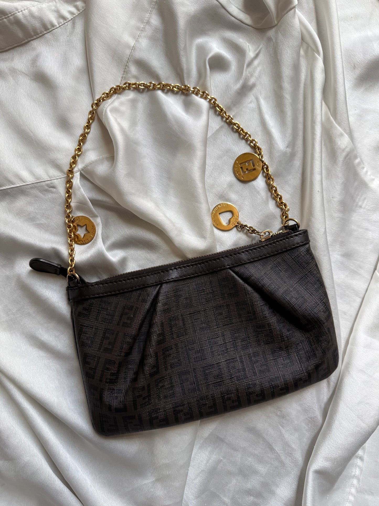 Fendi pochette charms gold monogram zucchino chocolate brown