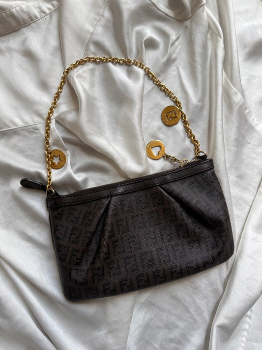 Fendi pochette charms gold monogram zucchino chocolate brown