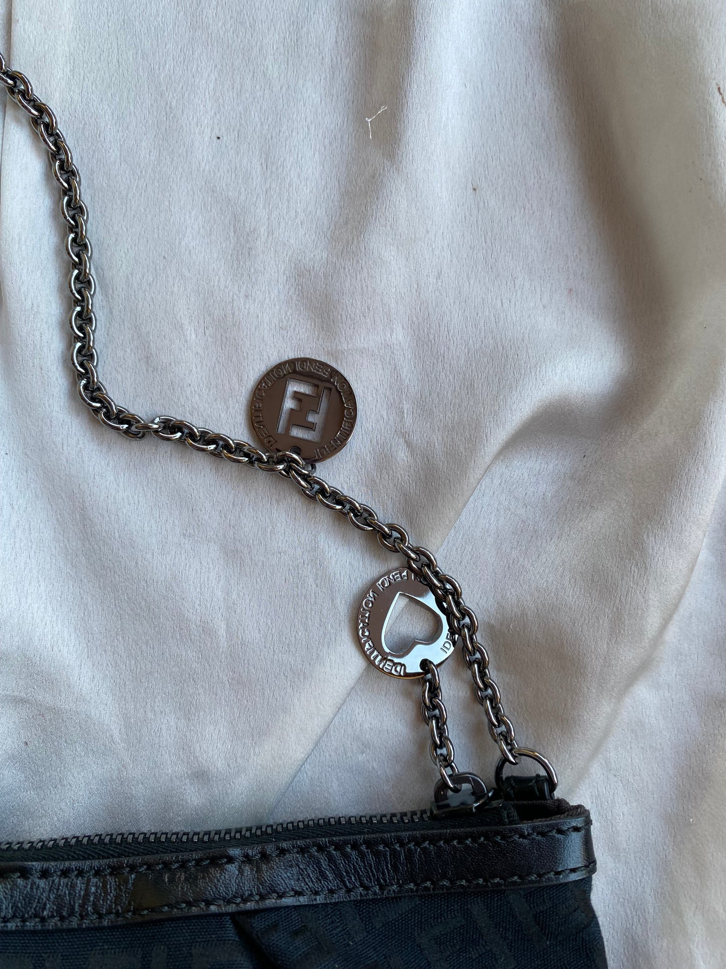 Fendi clutch bag with silver monogram charms and zucchini
