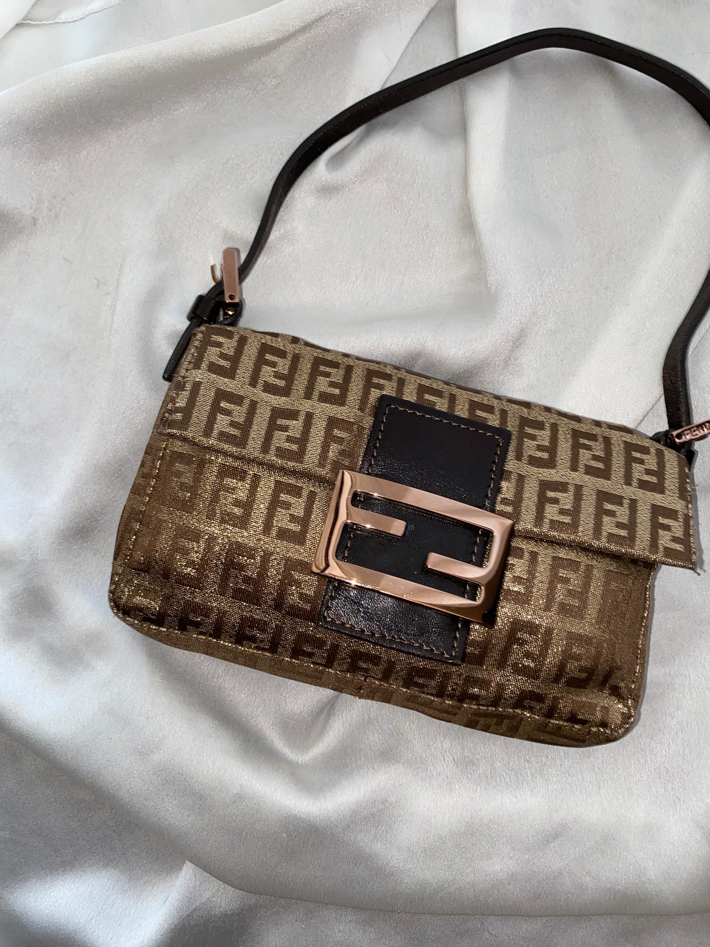 Fendi mini baguette shiny gold monogram zucchini