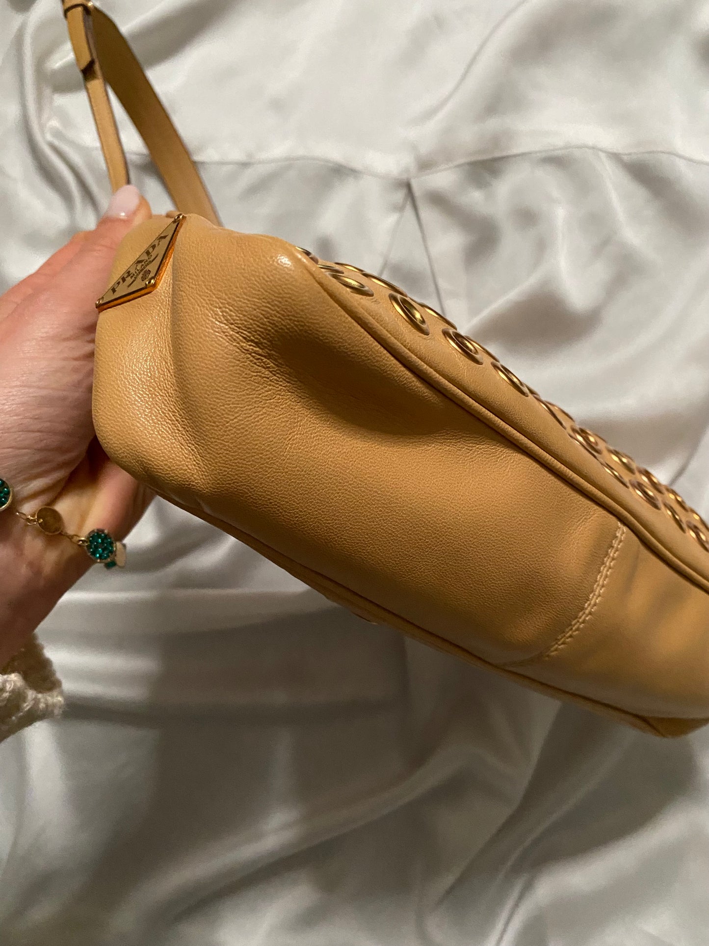 Prada camel clutch bag with studs