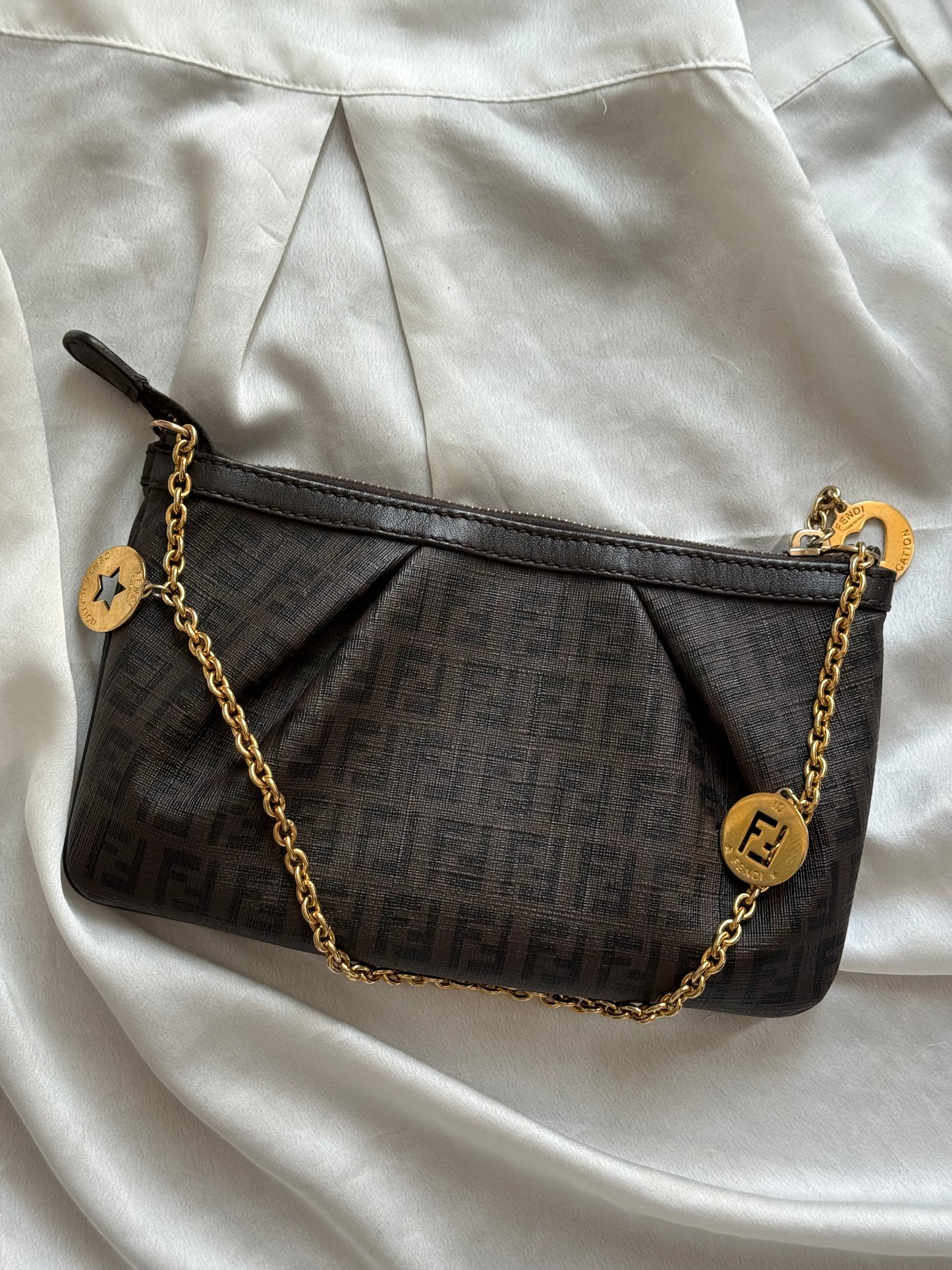 Fendi pochette charms gold monogram zucchino chocolate brown
