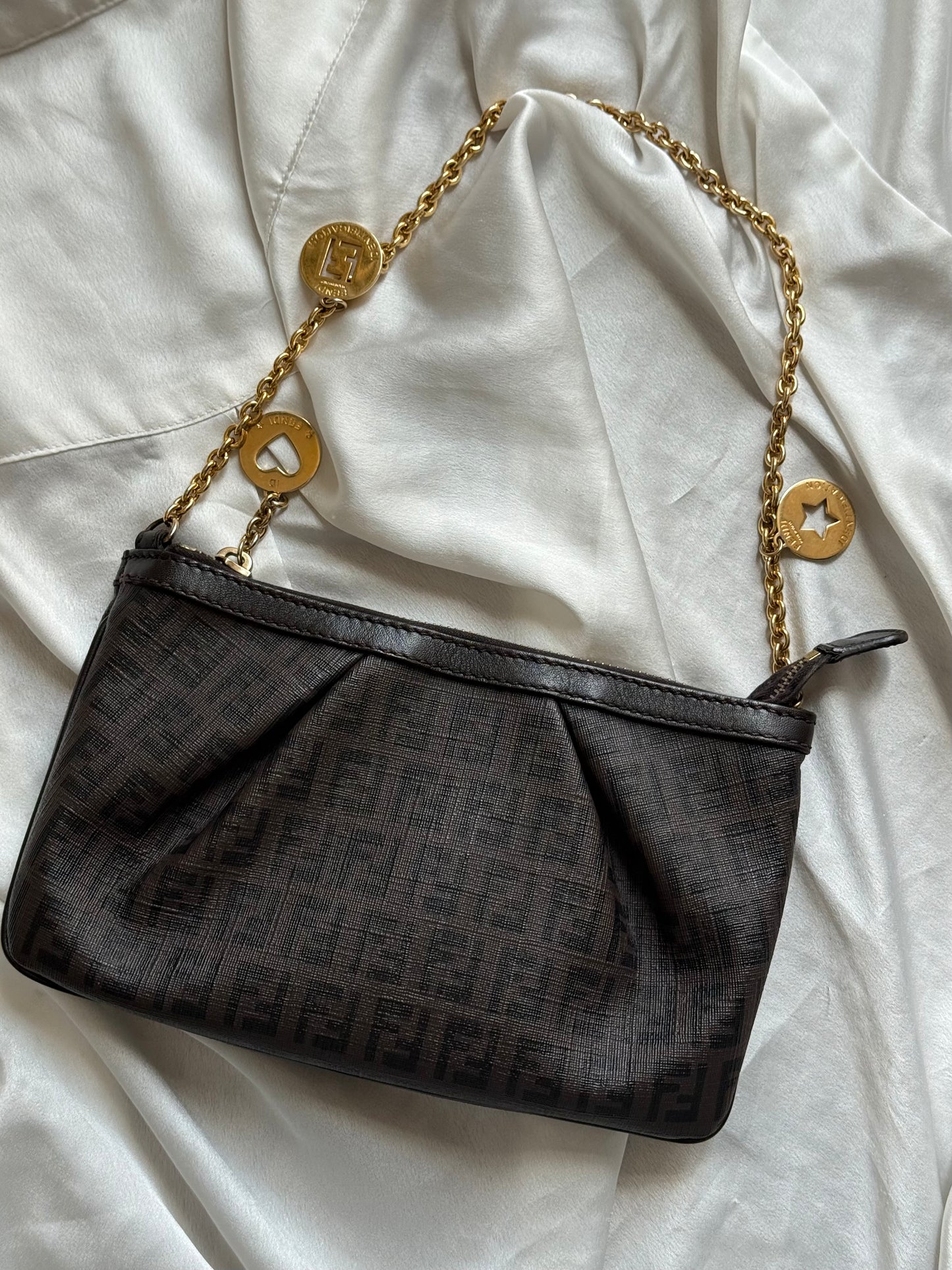 Fendi pochette charms gold monogram zucchino chocolate brown