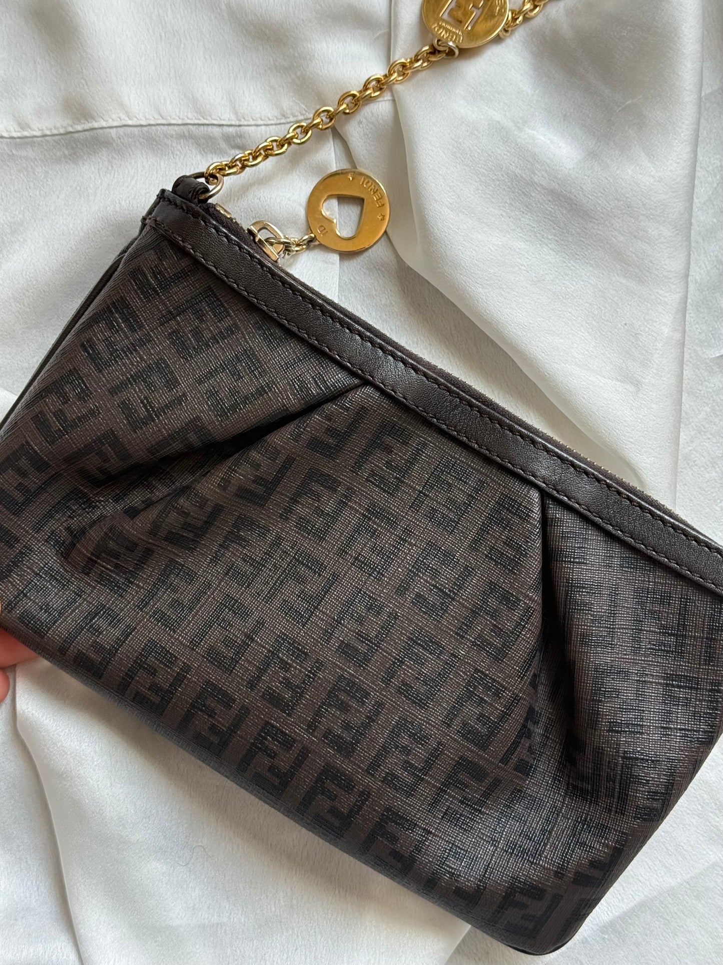 Fendi pochette charms gold monogram zucchino chocolate brown