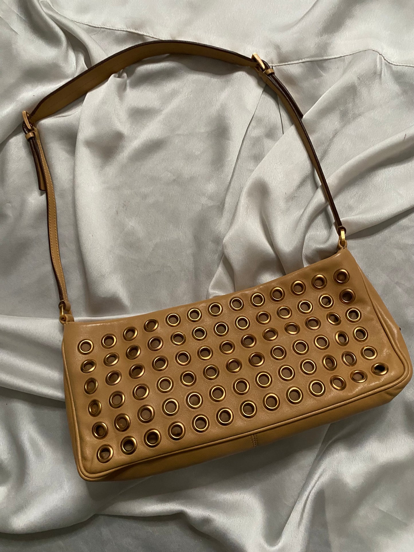 Prada camel clutch bag with studs