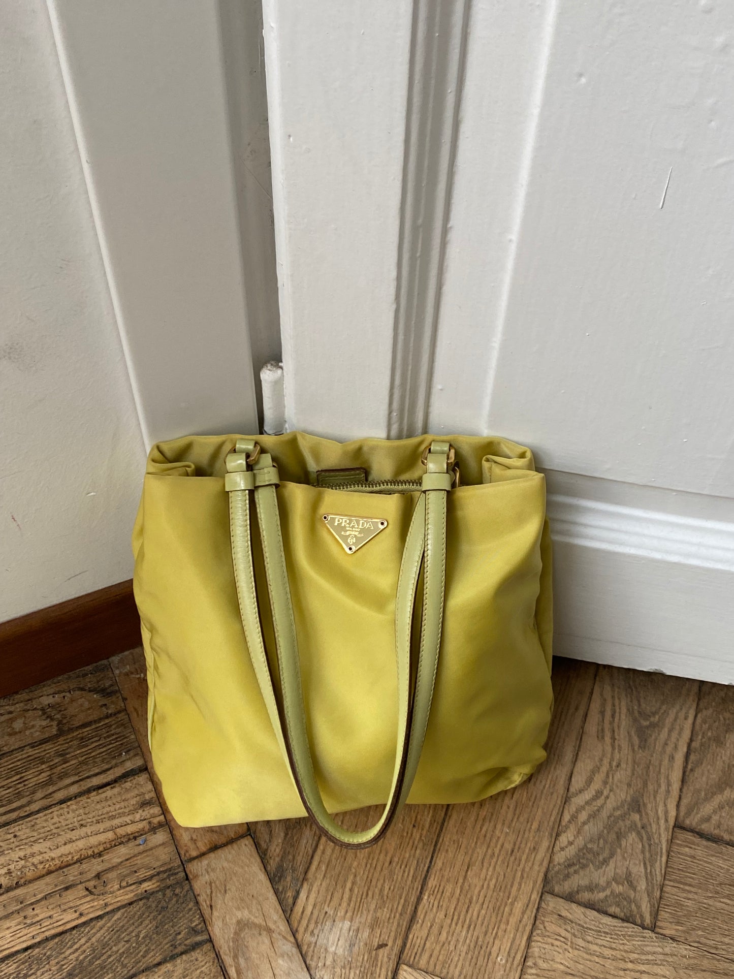 Prada lime yellow nylon tote