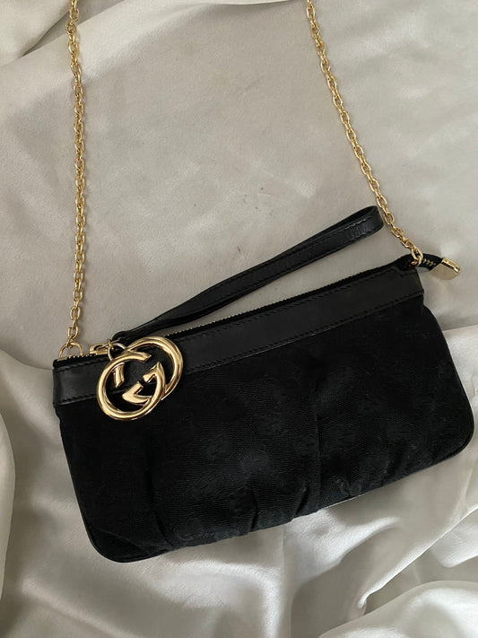 Gucci black monogram logo clutch bag