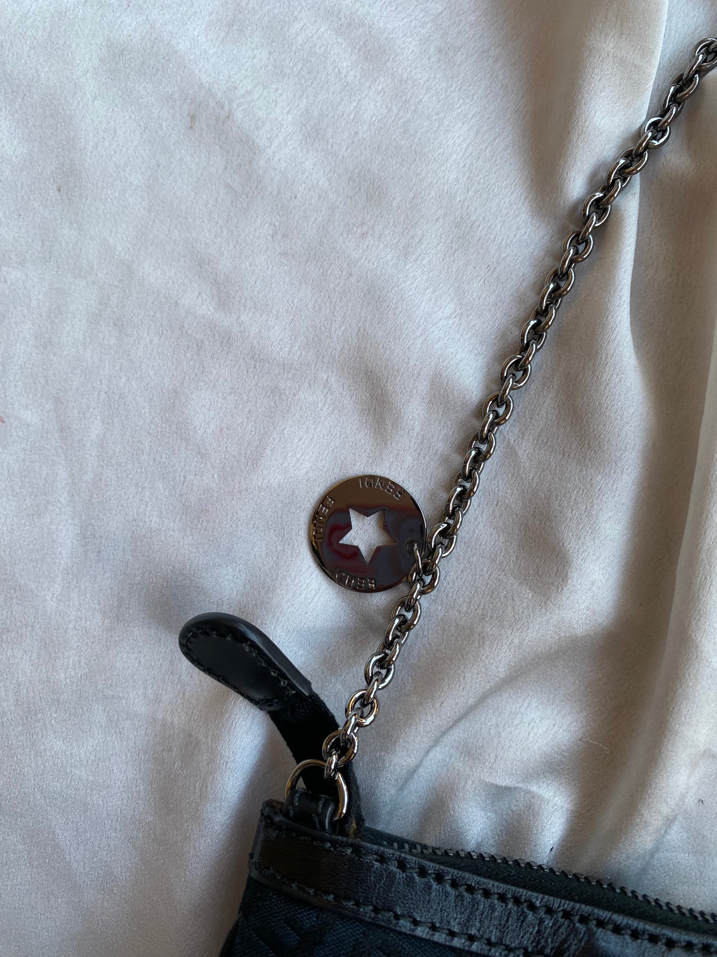 Fendi clutch bag with silver monogram charms and zucchini