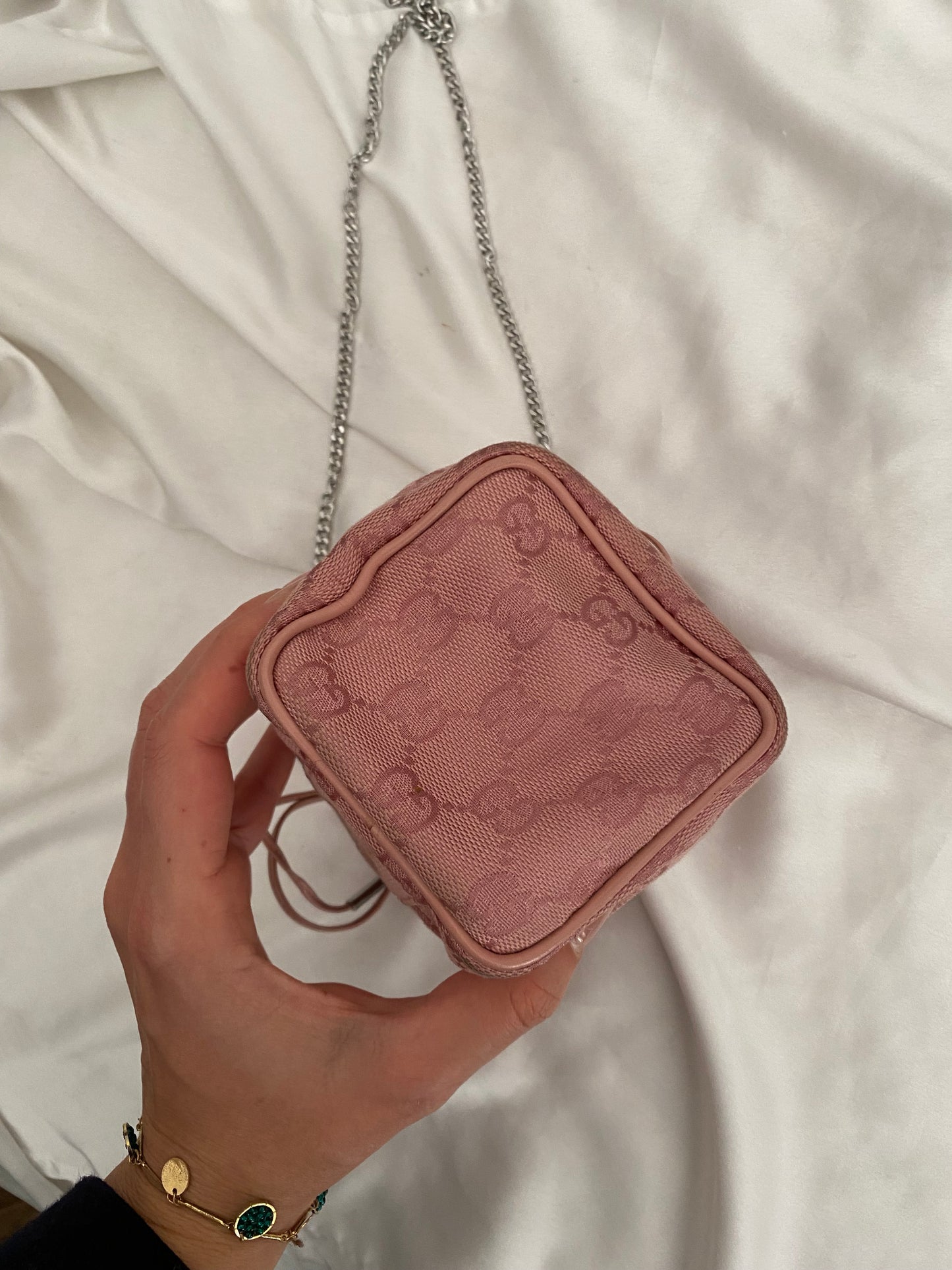Gucci mini pink monogram bucket bag