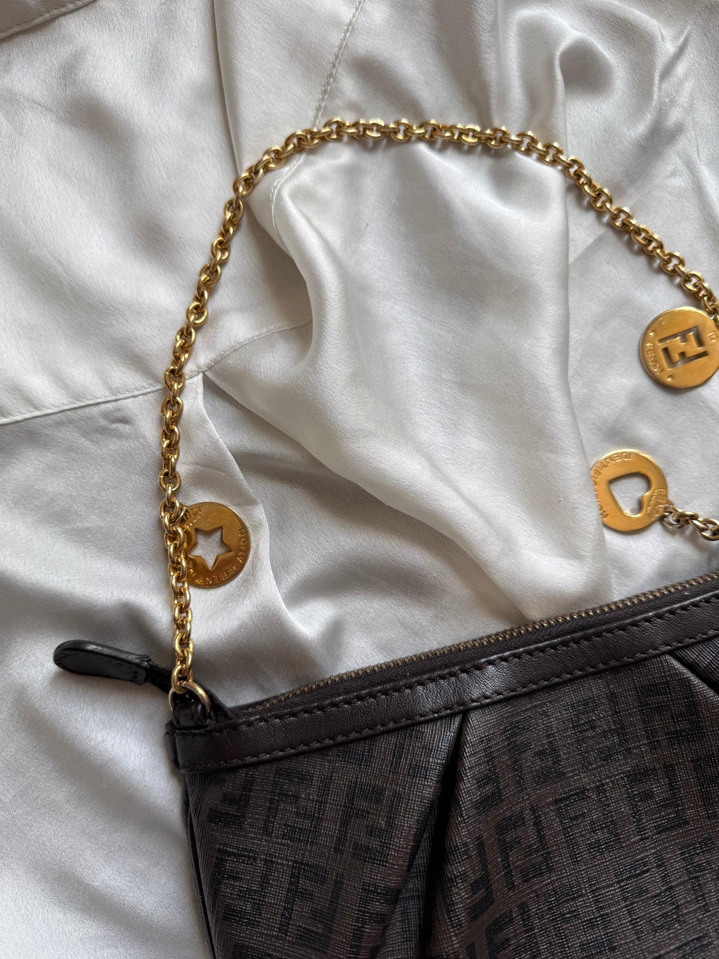 Fendi pochette charms gold monogram zucchino chocolate brown