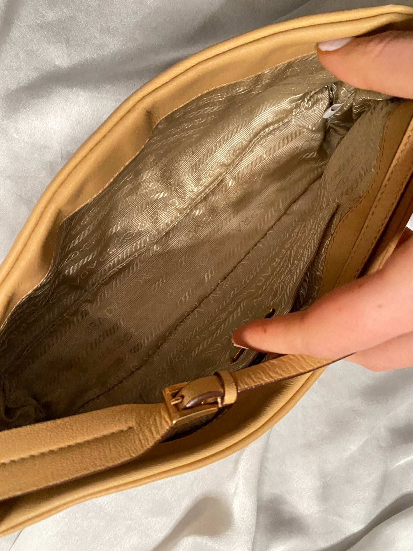 Prada camel clutch bag with studs