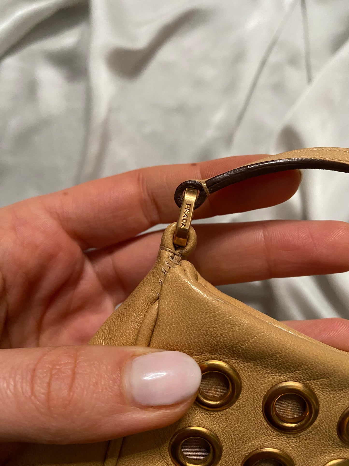 Prada camel clutch bag with studs