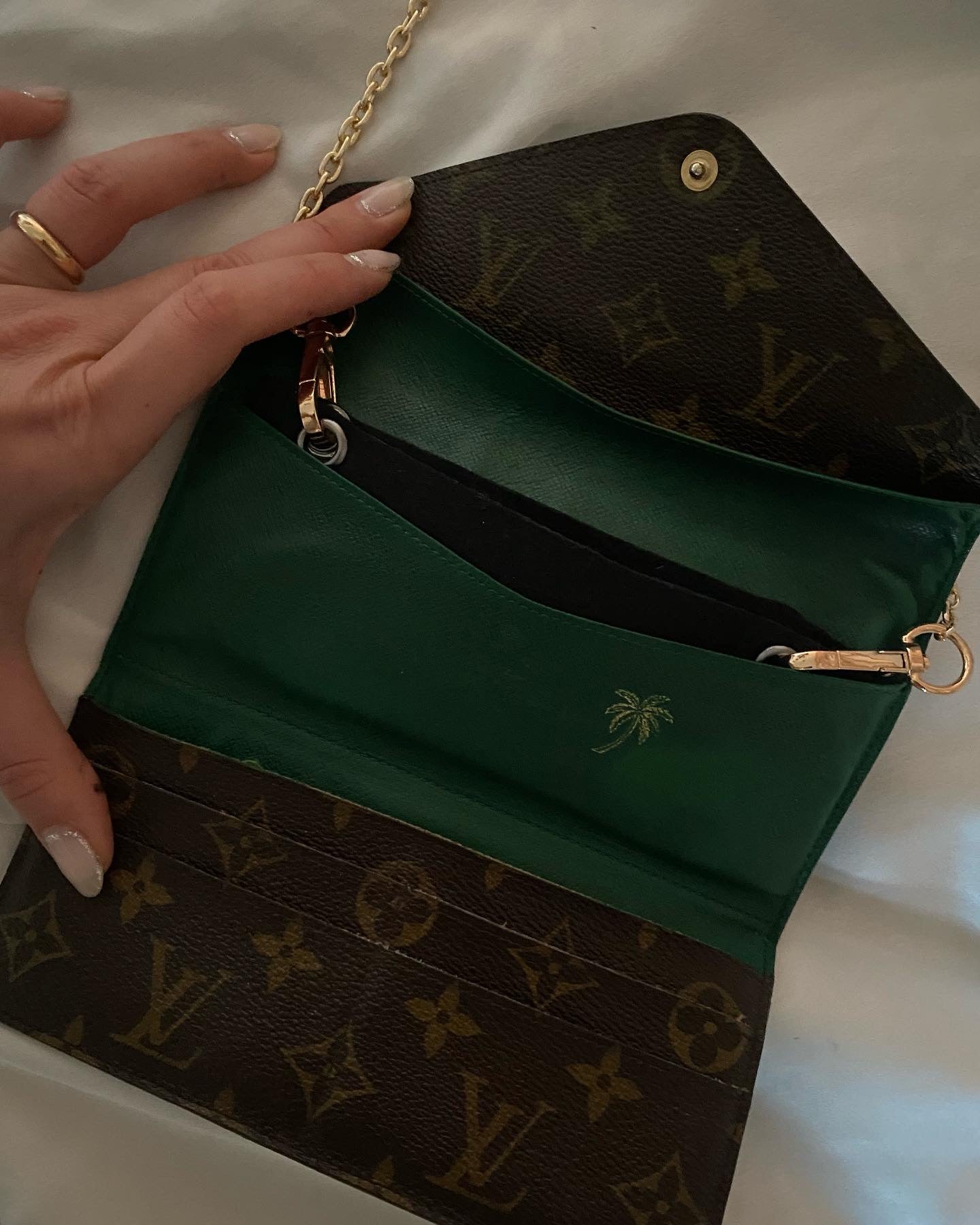 Louis Vuitton classic monogram clutch bag inside green
